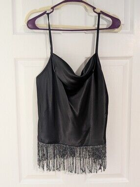 Nicole Miller Black Satin Cowl Neck Fringe Camisole M